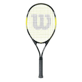 A Wilson Tour Pro tennis racket showcasing a modern design, primarily black with red accents, ideal for competitive play.